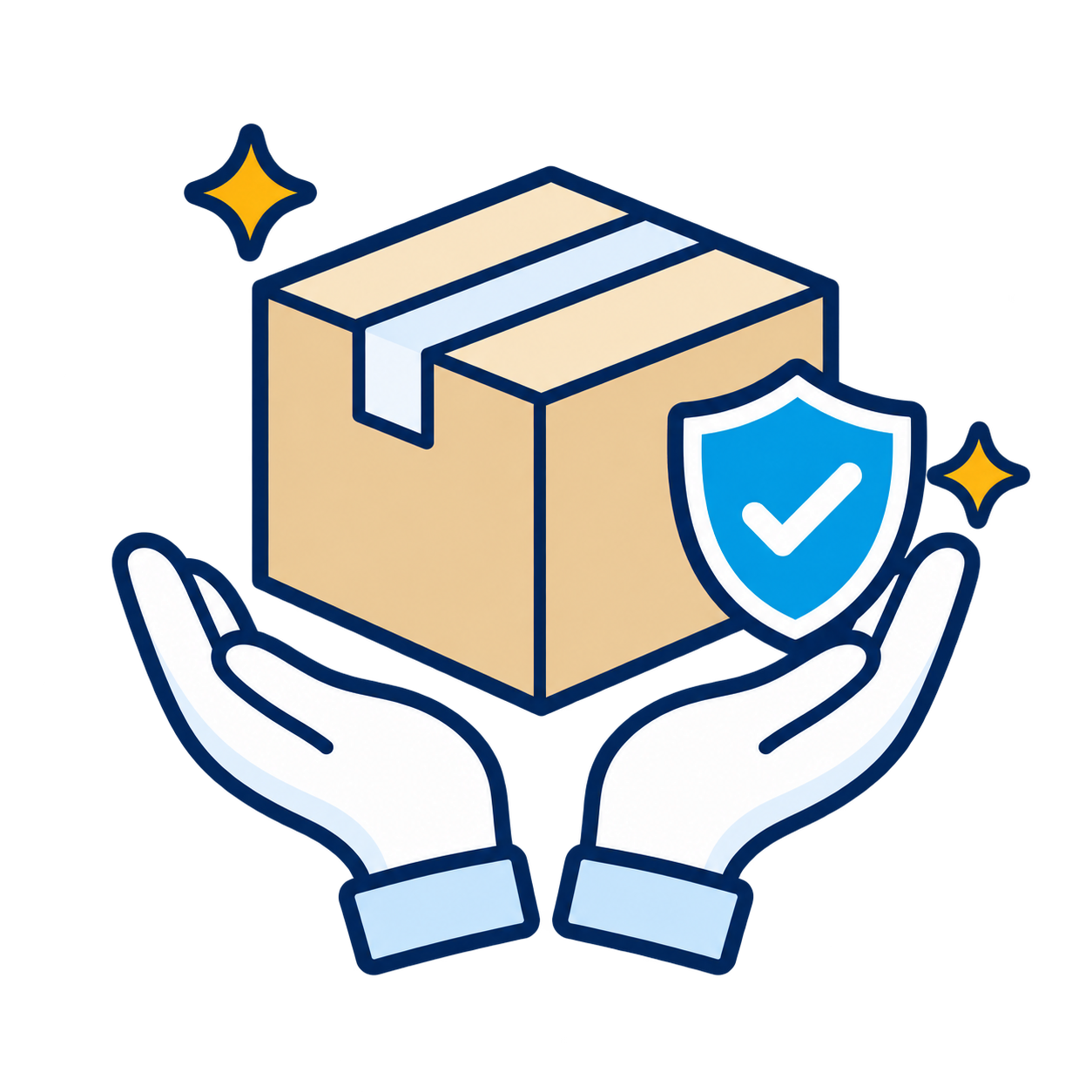 大切な荷物を丁寧に守る両手と盾のイラスト